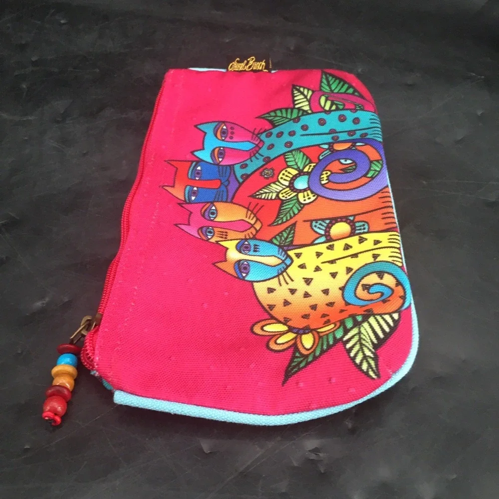 Laurel Burch‎ Colorful Cat Zipper Pouch Coin Purse Cosmetic Bag w/ Beaded Pull